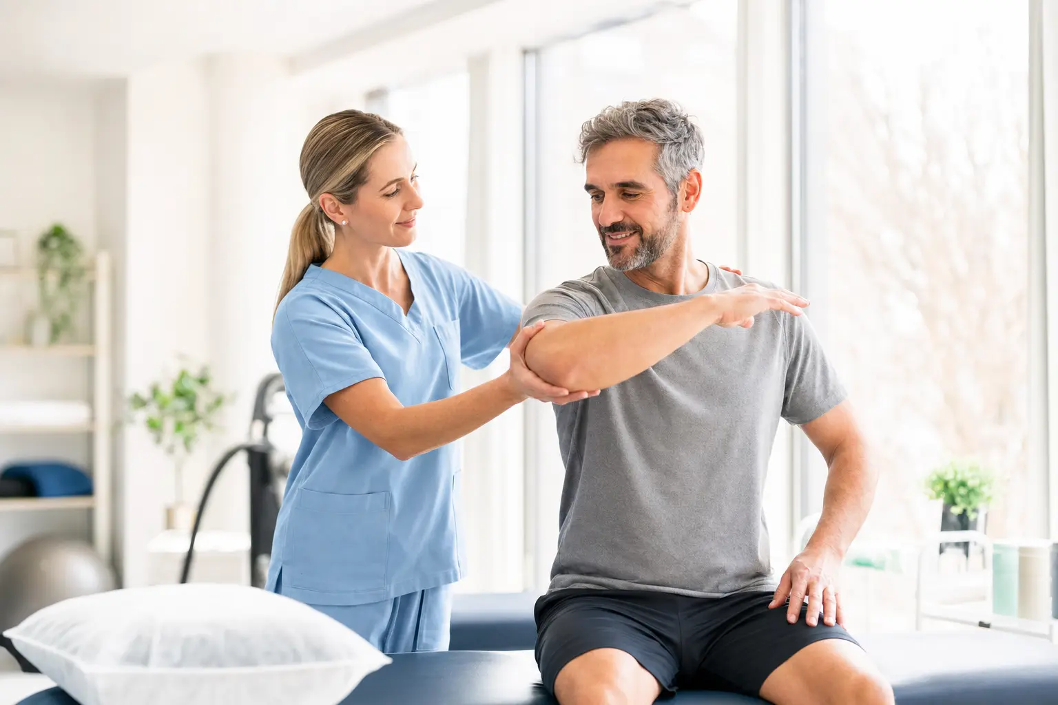 A physical therapist guiding an injured patient through rehabilitation at Revita Motion